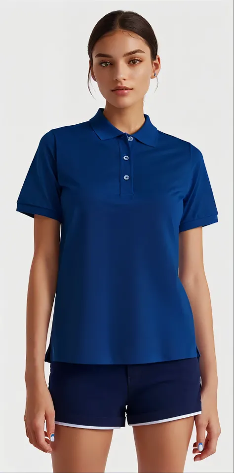 a woman in a blue shirt and shorts stands in front of a white background, wearing a dark blue polo shirt, wearing polo shirt, blue shirt, short sleeves, in a dark teal polo shirt, blue uniform, collared shirt, dark blue shirt, jk uniform, blue clothing, bl...