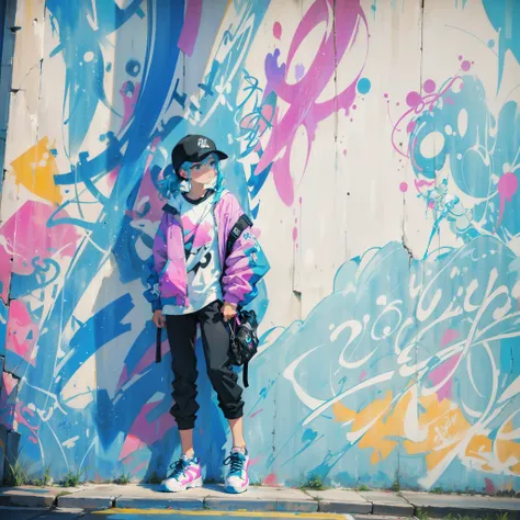 A cool beauty and colorful sneakers、Graffitied wall