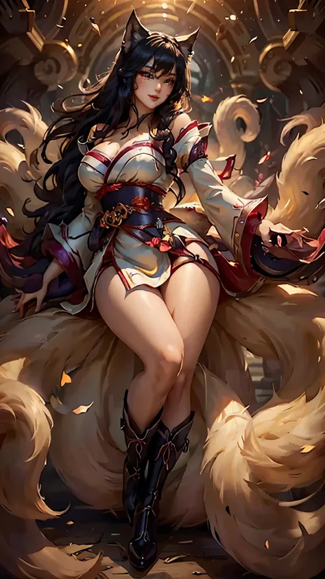 Ahri da league of legends,(best qualityer,4K,8k,high resolution, work of art:1.2)(weather: windy), 1girl, Japanese female, spirit forest background, red and white long sleeve korean kimono dress, thigh high stockings, cleavage, spirit sphere, cute makeup, ...