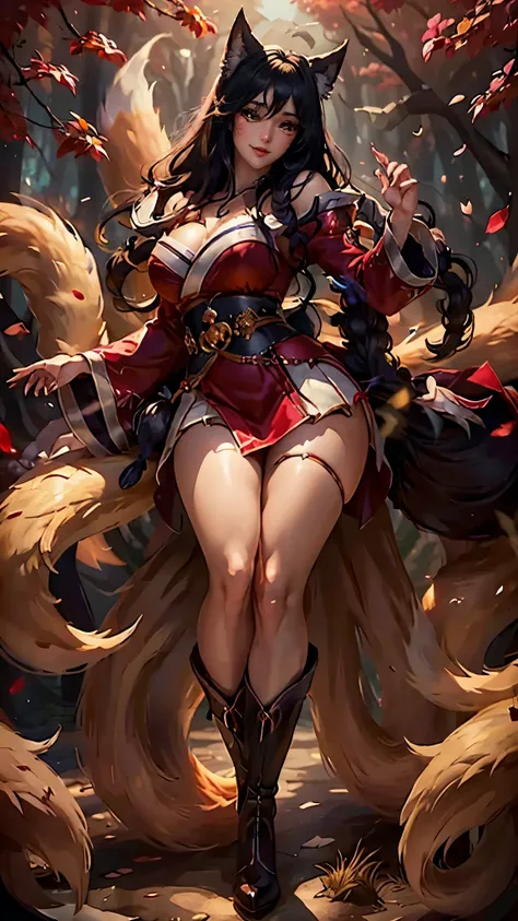 Ahri da league of legends,(best qualityer,4K,8k,high resolution, work of art:1.2)(weather: windy), 1girl, Japanese female, spirit forest background, red and white long sleeve korean kimono dress, thigh high stockings, cleavage, spirit sphere, cute makeup, ...