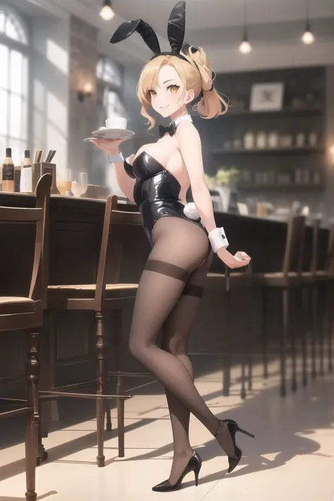 One girl, (Luna), Blonde, Folded ponytail, Side Lock, Yellow Eyes, smile, medium breasts, (black playboy bunny), (black fake rabbit ears), (black pantyhose), (black high-heels), standing, full body, indoor, cafe,
