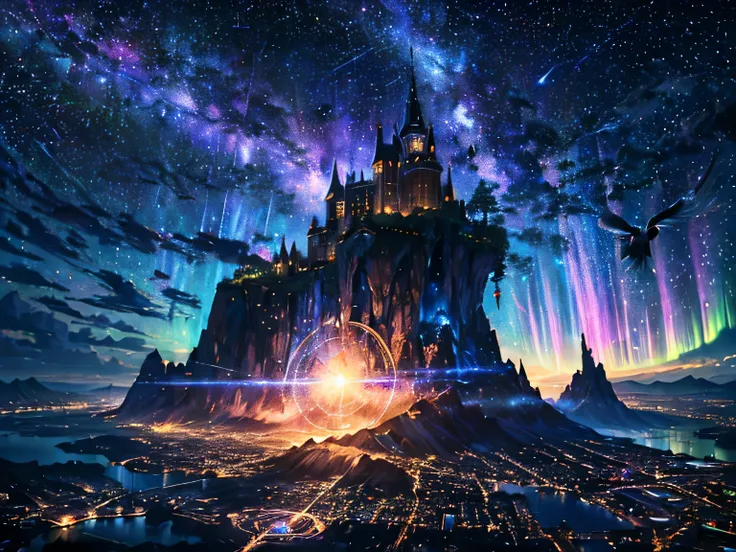 (8k, best quality, masterpiece, Final fantasy style: 1.2), (unrealistic, Reality: 1.37), Dreamy Landscape, fantasy, Unrealistic scenery, Very detailed, Flying medieval castle, Floating island in the air, Seven colors light vortex, (Meteorのgentlemen.A shiny...