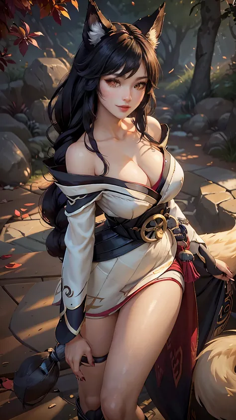 Ahri da league of legends,(best qualityer,4K,8k,high resolution, work of art:1.2)(weather: windy), 1girl, Japanese female, spirit forest background, red and white long sleeve korean kimono dress, thigh high stockings, cleavage, spirit sphere, cute makeup, ...