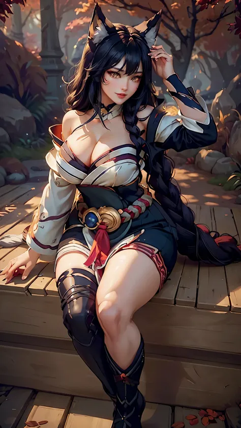 Ahri da league of legends,(best qualityer,4K,8k,high resolution, work of art:1.2)(weather: windy), 1girl, Japanese female, spirit forest background, red and white long sleeve korean kimono dress, thigh high stockings, cleavage, spirit sphere, cute makeup, ...