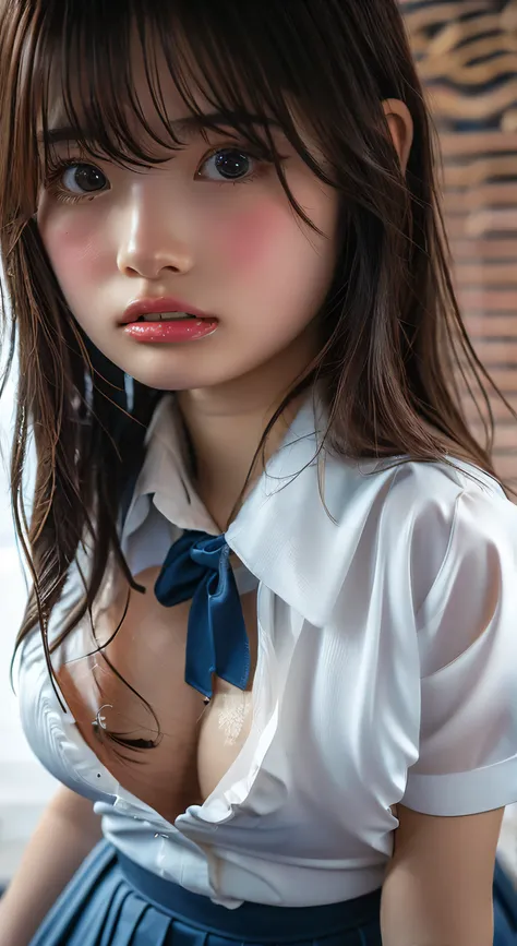 (Highest quality、Tabletop、、Best image quality、Award-winning works)、Very cute high school girl、けたWhite polyester collared shirt、Short sleeve:1.4)、(Navy Pleated Skirt:1.1)、Girl portrait photography、Glowing Skin、Brown Hair、Are standing、View your audience、Scul...