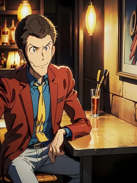 lupin, (red jacket, blue shirt, yellow tie, very short hair), close-up, natural side lighting, toon shader rendering, ((a slight...