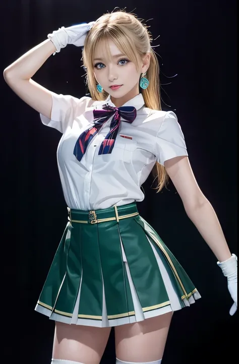 close, 1 girl, hand box, (chiseki uniform:1.2), (Aqua Eye:0.9), Blonde, Medium Hair, Wedge skirt, Highest quality, Earrings, masterpiece, High resolution, Intricate details, (Realistic)), photograph, (white elbow gloves:1.1), jewelry, Medium chest, whole b...