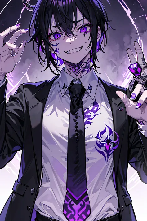 (Tabletop), (Highest quality), (8k)、Very detailed, male1人、Focus Only，Black jacket、scary look、Sparkling Eyes、(Purple Eyes:1.4）Muscular、Shortcuts、male、Tough、scary、Face tattoos、Tattoo on the arm、blood droplets、Scratch marks on face、Macho、Black Hair、Purple tie...