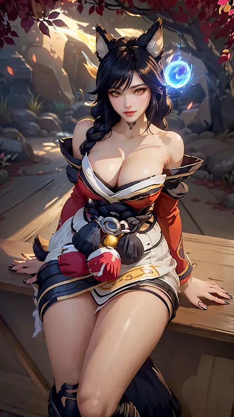 Ahri da league of legends,(best qualityer,4K,8k,high resolution, work of art:1.2)(weather: windy), 1girl, Japanese female, spirit forest background, red and white long sleeve korean kimono dress, cleavage, spirit sphere, cute makeup, thigh high boots, belt...