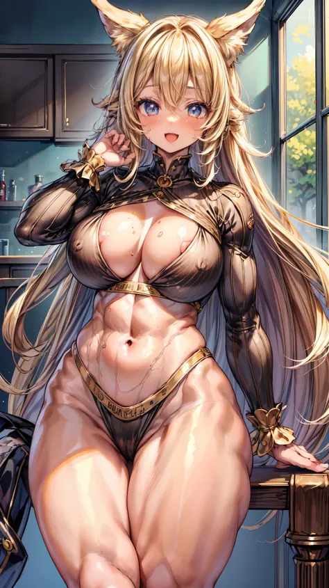 Very detailed、Highest quality、Best image quality、masterpiece、8K pixels、Anime Face、A kind smile、Open Mouth、Blonde curly hair、(High leg:2.0)、Cowboy Shot、Wear a thong、(Big eyes)、(Beautiful and shining eyes)、(Detailed anime eyes)、(Puffy eyes)、