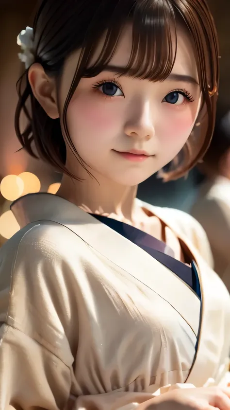 Cute young girl wearing yukata at fireworks festival, Very detailed, High resolution, (realism:1.4), Original photo, 1 girl, Brown eyes, Short brown hair in a bob cut, Gentle bust, Full Body Shot, , , Delicate features, Cinema Lighting, The yukata is flapp...