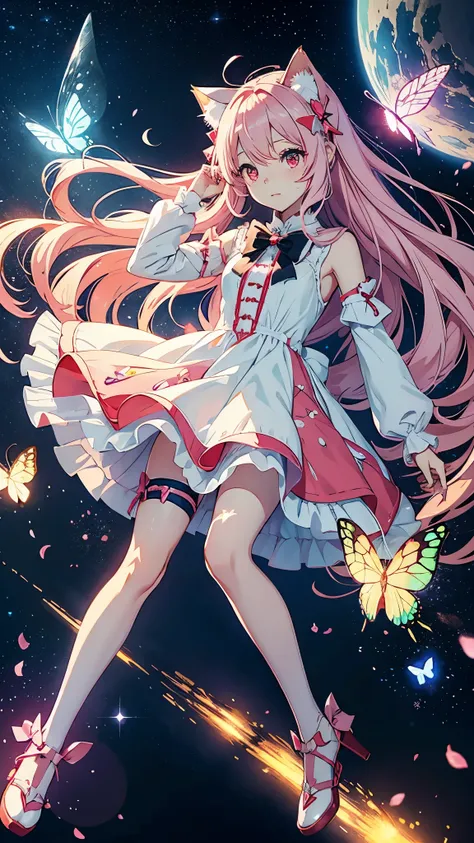 Anime Chorus of the Prisms - Girl, shy girl, long pink hair, cat ears, light red eyes, luminous eyes, white butterfly-like dress, butterfly bow, bow on the hip, a space station can be seen in the sky