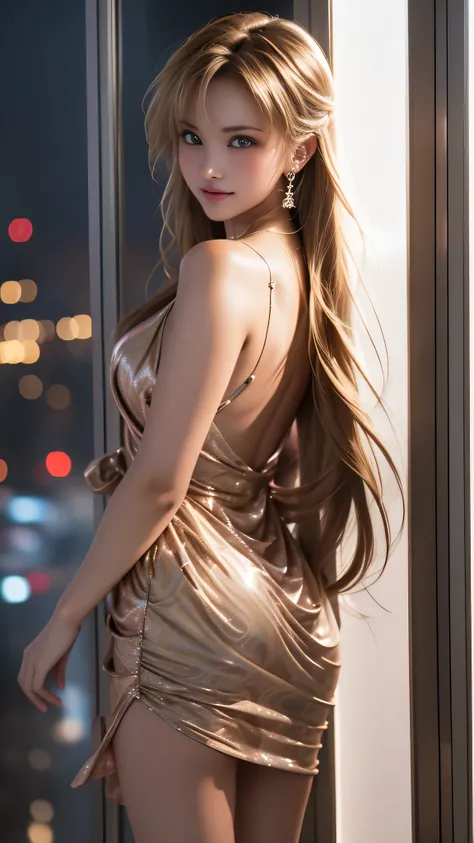  japanese,  (tanned skin:1.2), hostess makeup, brown hair, smile, dynamic angle, high res, (photo realistic:1.2), (highly detailed:1.1),((A dress with a flashy color or pattern)),(View of the city at night), window, delicate background, bokeh, professional...