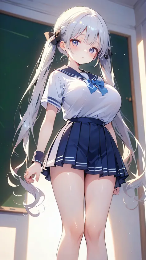 Ultra-high resolution, 8k,high quality,(Ultra-short stature,Gargari body,cowboy shot , ((no hat:1.3))),Slender,Cute hairstyle,((from below)),(iridescent light,soft shadow,Anime Painting,thin line drawing),((((super enormous cartoon-like tits,school uniform...