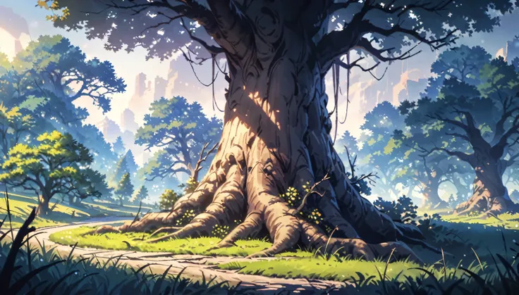 anime aestetic, anime landscape, At the edge of the road stands a huge oak tree with broken branches and bark covered with old sores. The oak tree is two girths wide, with clumsy, gnarled arms and fingers, it looks angry and ugly. It stands among the smil...