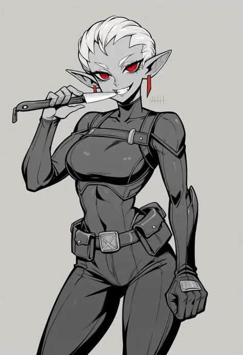 {4k image}, 1 Beautiful female humanoids, gray skin, pointed ear, shaving hair, red  rond eyes,fit athletic build,black and white bodycon jumpsuit, high-tech armor,she armed, , dimple,,manga lineart (with colors), {face view}, {centered image}, dark, sadic...