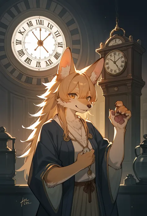 rating_safe, score_9, score_8_up, score_7_up, score_6_up, score_5_up, score_4_up, hires, source_furry, cover page, highres(1girl, kemono, furry anthro, fearless smile, reach for the clock) in room with clock, fantasy artwork, cinematic lighting, Backlight,