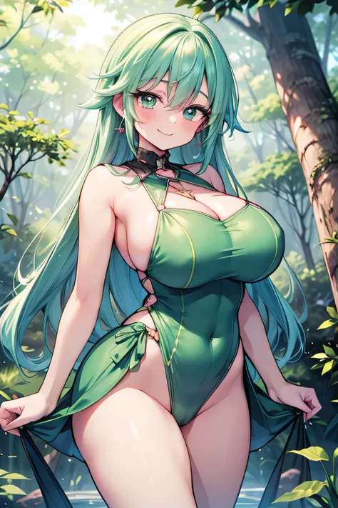 Hentai、High resolution、A girl with a big busty body and a cute smile shows off her charms at a mysterious spring in the forest.、Pretty Cure、Sinon、Perfect proportions、Cowboy Shot、Fatty thick legs、Clear eyes