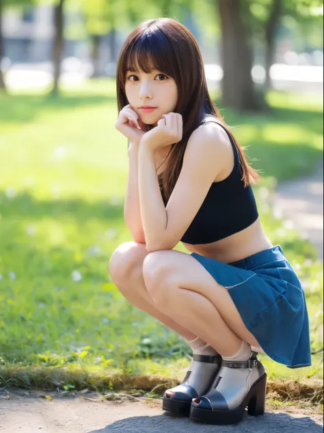 (8k, Top quality, Masterpiece:1.2), (Realistic, photo-realistic:1.37), Super detailed, perfect anatomy, cute, small eyes, 1, a Japanese, girl, mini skirt, slim legs, heels, squatting, outdoor,