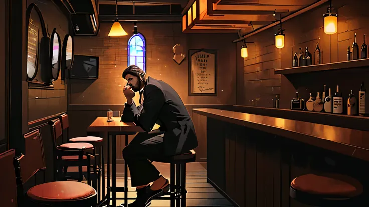 a mysterious man sitting at a table in the back of a bar, the man is alone, the bar is empty, man sanctifying facing the viewer,