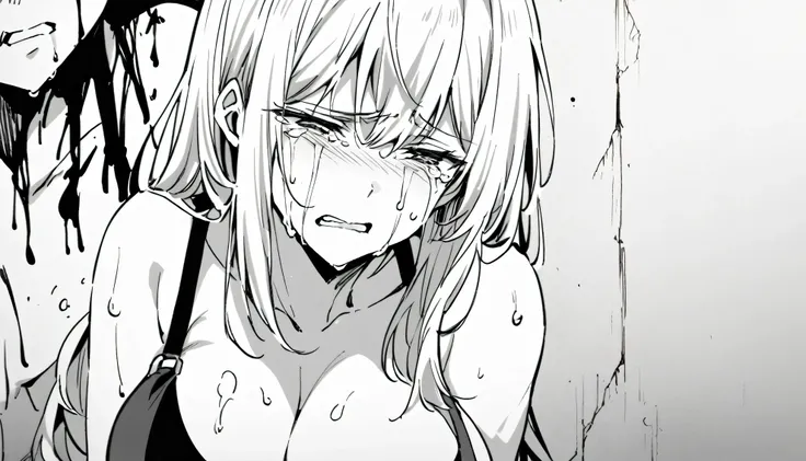 A sexy women, crying, large breasts, blood, wall in background, black and white manga image.