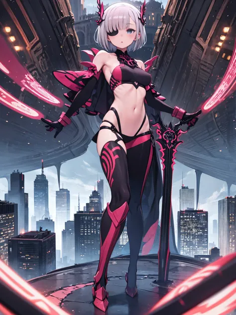 fantasy, 1girl,young_teen, ,silver_hair, short_hair, long_bangs, bare_shoulder,thighhighs,silver_armor, waist_armor, large_breasts,half_eyes,floating, bare_crotch, headgear,gauntlet, greaves,city_background,slightly_spread_legs, solo, groin_naked,hair_over...