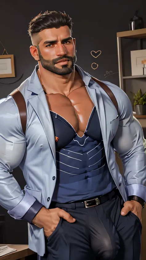 (masutepiece, Best Quality:1.2), Cowboy Shot, Solo, Male Focus, 1boy, Indian beared businessman, Closed mouth, Looking at Viewer, Hands in pockets, Open your clothes, muscular guy, burly, hunk, Hot, big shoulders, musculature、(big chest)、 (hyperdetailed fa...