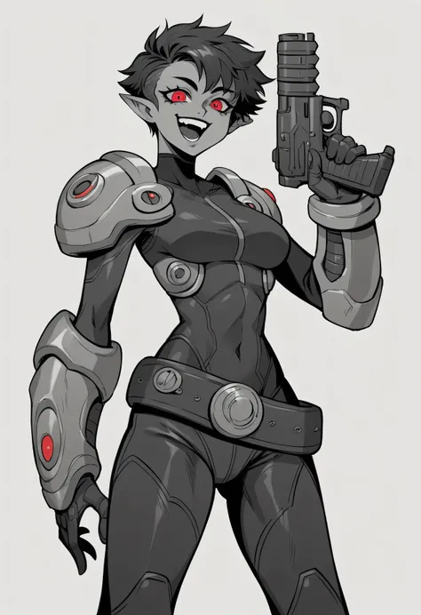 {4k image}, 1 Beautiful female humanoids, gray skin, pointed ear, pixie hair, red eyes,fit athletic build,black and white bodycon jumpsuit, high-tech armor,she armed, , dimple,,manga lineart (with colors), {face view}, {centered image}, dark, sadic evil sm...