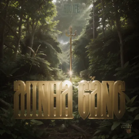 Album cover, a spear trident in the middle of a forest with birds, plants, long trident, Awarded several times, High details, high qualiy, ultra HD, Depth of field, film grain, writing with metallic texture