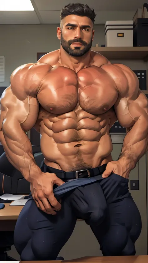 (masutepiece, Best Quality:1.2), Cowboy Shot, Solo, Male Focus, 1 indian boy, Indian beared businessman, hairy chest, standing in office with spread legs, Looking at Viewer, Hands in pockets, Open your clothes, muscular guy, burly, hunk, Hot, big shoulders...