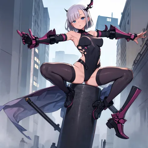 fantasy, 1girl,young_teen, ,silver_hair, short_hair, long_bangs, bare_shoulder,thighhighs,silver_armor, waist_armor, large_breasts,half_eyes,floating, bare_crotch, headgear,gauntlet, greaves,city_background,slightly_spread_legs, solo, groin_naked,hair_over...