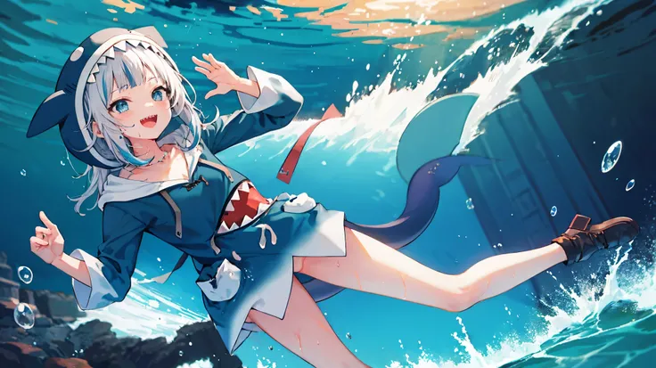 2d, masterpiece, best quality, anime, highly detailed, full body, 1young_teen_girl, solo, gura_hoodie, blue hoodie, shark hood, standing, :d, sharp teeth, in_deep_sea_background , underwater_landscape,,bubble.happy,dynamic_floating_pose,rise_hands,open_leg...