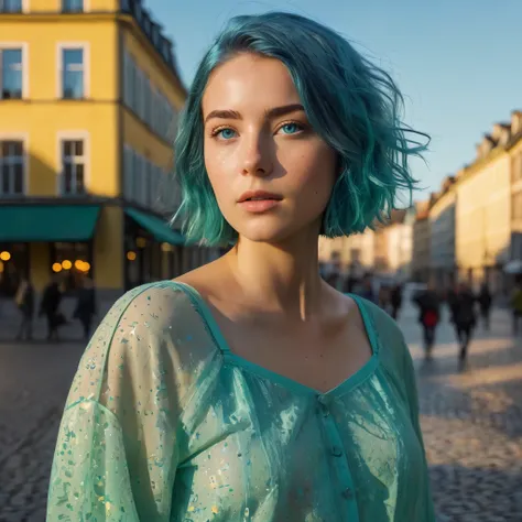 (((Woman, 20 Years Old, Nordic Ethnicity, short blue hair, perfect face, light freckles, Blue-Green Eyes))), (((standing confidently in a city square during sunset, full body visible))). ((Wearing a stylish, elegant outfit that flows naturally with the bre...