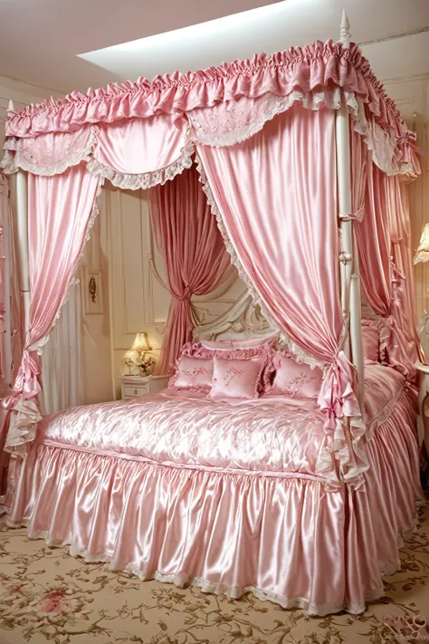 Beautifull 1girl on the bed,early teenage,detailed baby face,small face,a pink silk satin frilled blouse and skirt,medium dress,detailed ribbons,detailed lace petticoat,frilled sleeves,,a bed with a mountain of silk satin pillows,canopy bed,king size bed,m...