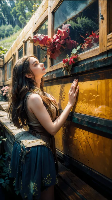 intricate detailed portrait of a beautiful young woman gazing out window of a rustic wooden cabin, medieval fantasy village, lus...