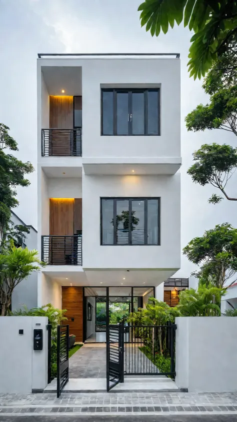 raw photo, a photo of a modern villa, sidewalk, sidewalk trees, steel gate, road, viet nam modern residence, a car parked in fro...