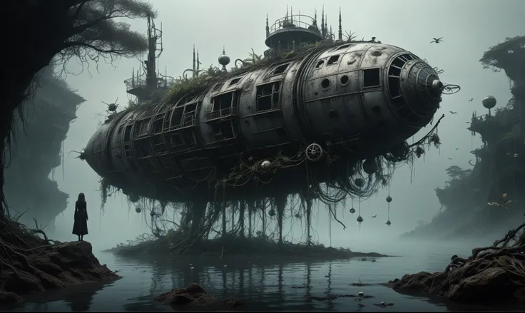 steampunk  fantasy, young plant witch made of dead plants huntering, black and white color mechanical clockwork Spaceship under sea, ominous landscapes,a small floating mkitdecy-planet in concrete and rusted metal struts that looks like a see-mine, low-key...