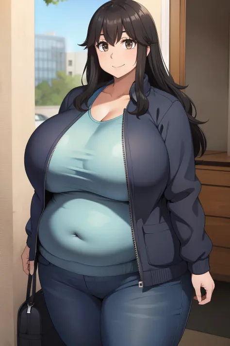 Plump year 21 big breasts black hair brown eyes chubby smile longer hair blue jacket