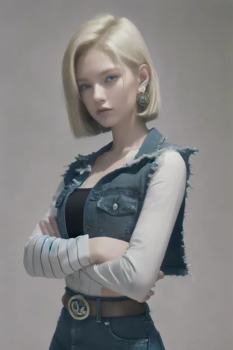 Realistic Android 18, Full Body, Blonde Hair, Blue Eyes, Eyelashes, Hoop Earrings, Short Hair, Earring, Black Sock, White Shirt with Black Stripes, Chest Pocket, Cleavage, Collarbone, Denim, Denim Skirt, Miniskirt high waist, detailed legs, jewelry, long s...