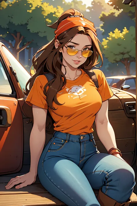 A captivating portrait of a young woman with long, straight, chestnut brown hair adorned with a colorful bandana. Her face is sprinkled with delicate freckles, and she wears stylish sunglasses that partially reveal her sleepy, alluring gaze. A sly, confide...