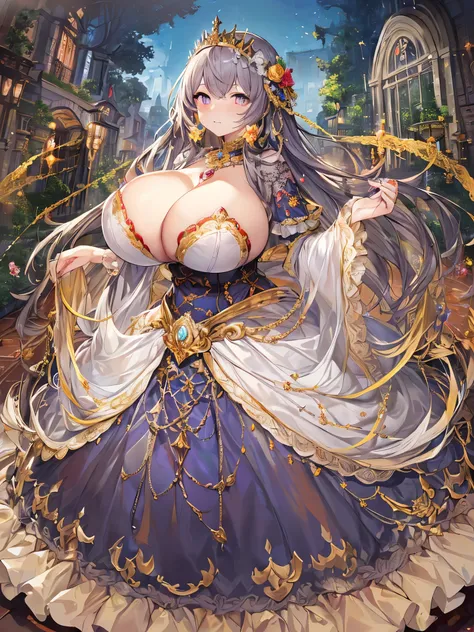 moe anime artstyle,Masterpiece,Best Quality,Super Detail,(Very Delicate and Beautiful),Solo,full body,((full body portrait)),absurdly gigantic tits,(((1 noble princess in beautiful embroidery and jeweled gorgeous rococo ballgown with voluminous full length...