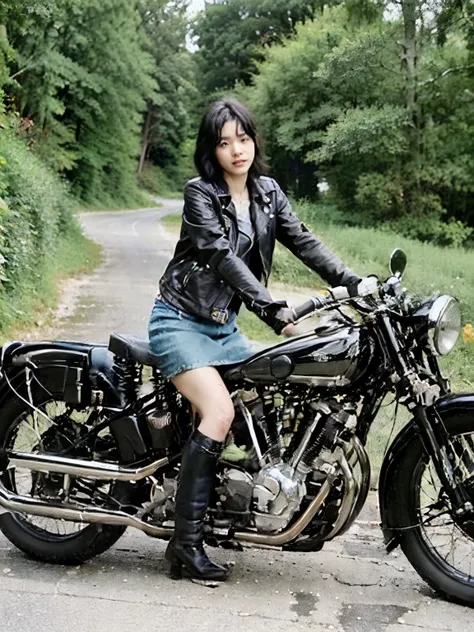 (ride a classic motorcycle:1.2 )、(vintage bikes、bluff superior ss100)、beautiful young japanese woman、beautiful face, black hair,...