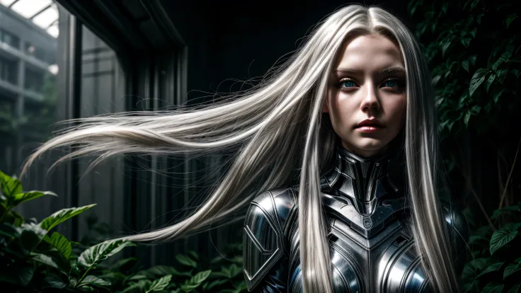 cybernetic elf girl, long platinum hair, light dark garden