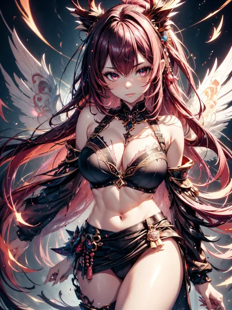 Japanesse beautifull girl, pink & brown hairadd high definition_detail:1, blue fur,kitsune ears, tribal tattoo add_detail:1, in hell add_detail, barefoot, the same, giant black feather wings add_detail:1 ,alas hermosas la mejor calidad y detail en las flum...