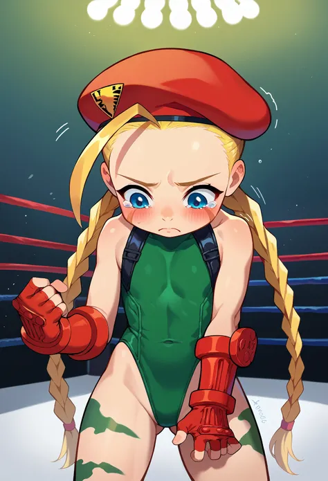 score_9, score_8_up, score_7_up, 1girl, solo, (loli:1.5), kid, flat chest, CammyWhiteSFXL, scar on cheek, blue eyes, blonde hair, long hair, twin braids, antenna hair, camouflage, red beret, bare shoulders, green leotard, black harness, red gloves, fingerl...