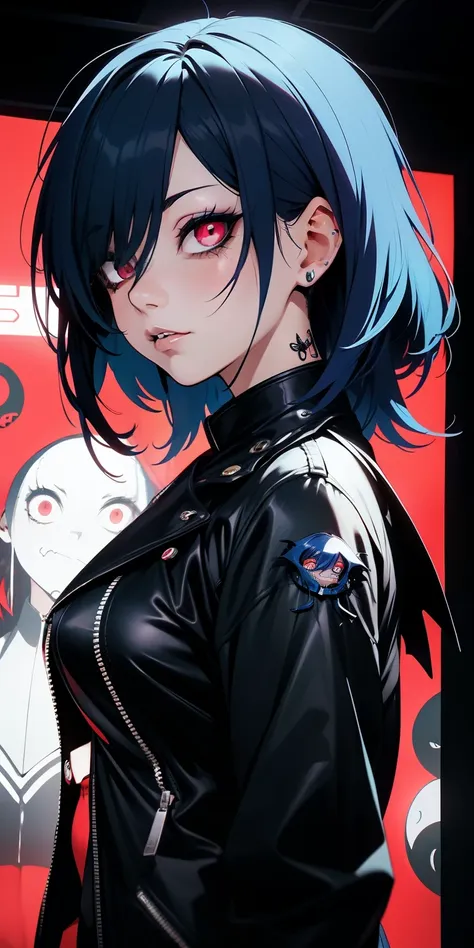 Masterpiece,detailed,High Resolutions:1.4) , Model photo, close, detailed face, fine and detailed eyes,, (Kirishima Touka),medium blue hair,ojo ghoul,retro jacket,Ghoul of Tokyo,Retrofuturistic background, vibrant colors, HDR,, ,