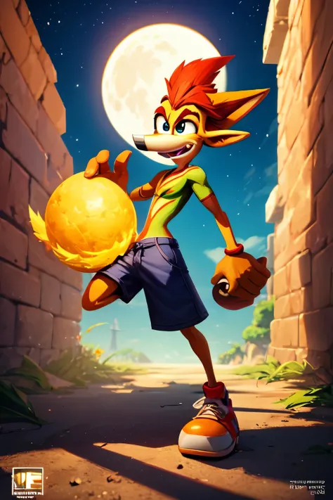 Create a picture of the Crash Bandicoot character standing on the moon