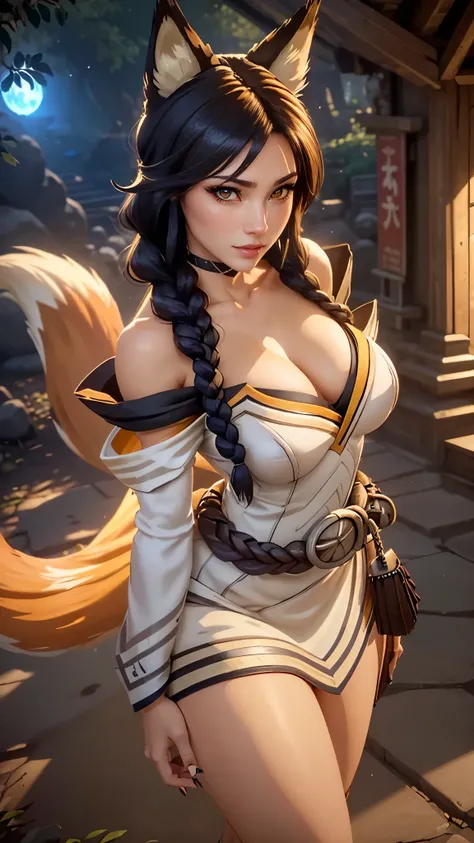 Ahri da league of legends,(best qualityer,4K,8k,high resolution, work of art:1.2)(weather: windy),cowboy shot, Japanese female, spirit forest background, long sleeve korean kimono dress, thigh high stockings, cleavage, spirit sphere, cute makeup, tall boot...