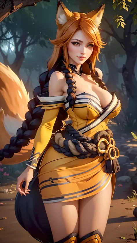 Ahri da league of legends,(best qualityer,4K,8k,high resolution, work of art:1.2)(weather: windy),cowboy shot, Japanese female, spirit forest background, long sleeve korean kimono dress, thigh high stockings, cleavage, spirit sphere, cute makeup, tall boot...