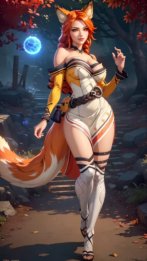 Ahri da league of legends,(best qualityer,4K,8k,high resolution, work of art:1.2)(weather: windy),cowboy shot, Japanese female, spirit forest background, red and white long sleeve korean kimono dress, cleavage, spirit sphere, cute makeup, thigh high boots,...